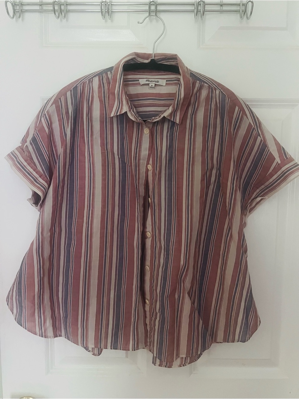 Madewell Short-Sleeve Button-Down Shirt in Mauve and Blue Stripes